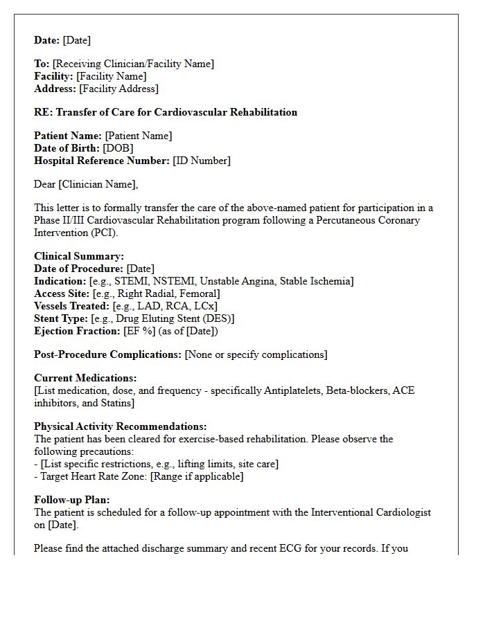Post-Percutaneous Coronary Intervention Cardiovascular Rehabilitation Transfer of Care Letter