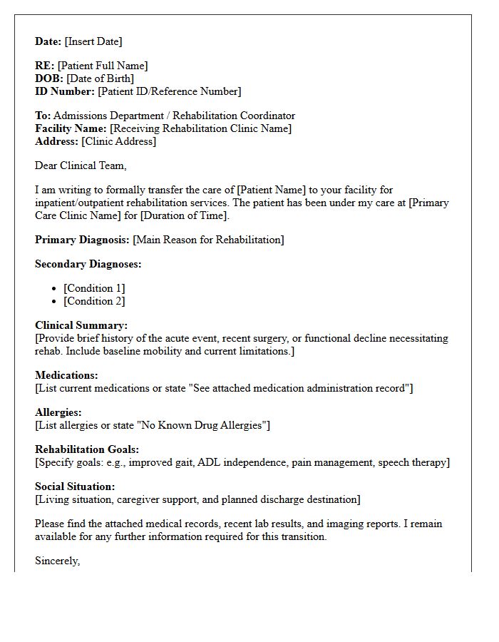 Primary Care to Rehabilitation Clinic Transfer of Care Letter