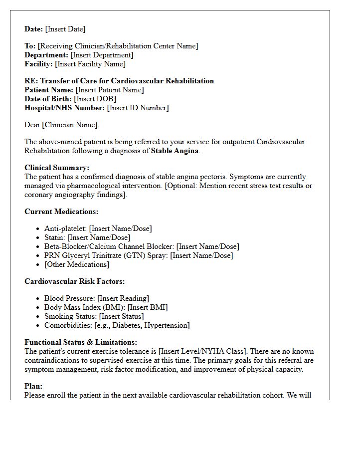 Stable Angina Management Cardiovascular Rehabilitation Transfer of Care Letter