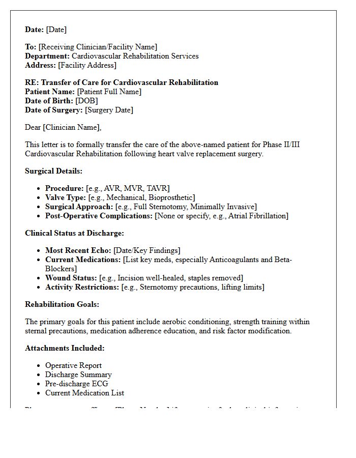 Post-Valve Replacement Cardiovascular Rehabilitation Transfer of Care Letter
