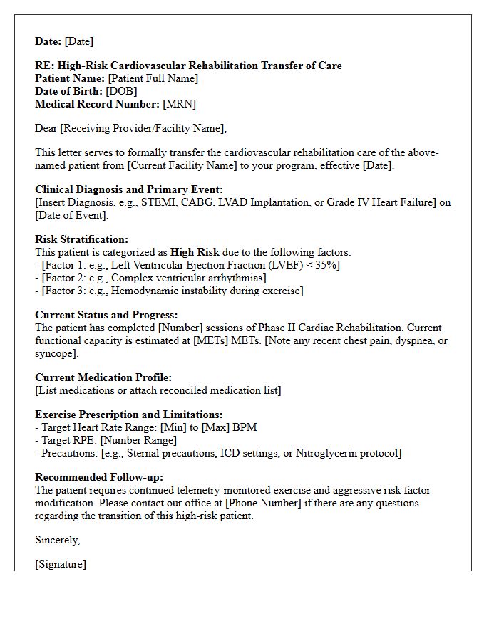 High-Risk Patient Cardiovascular Rehabilitation Transfer of Care Letter
