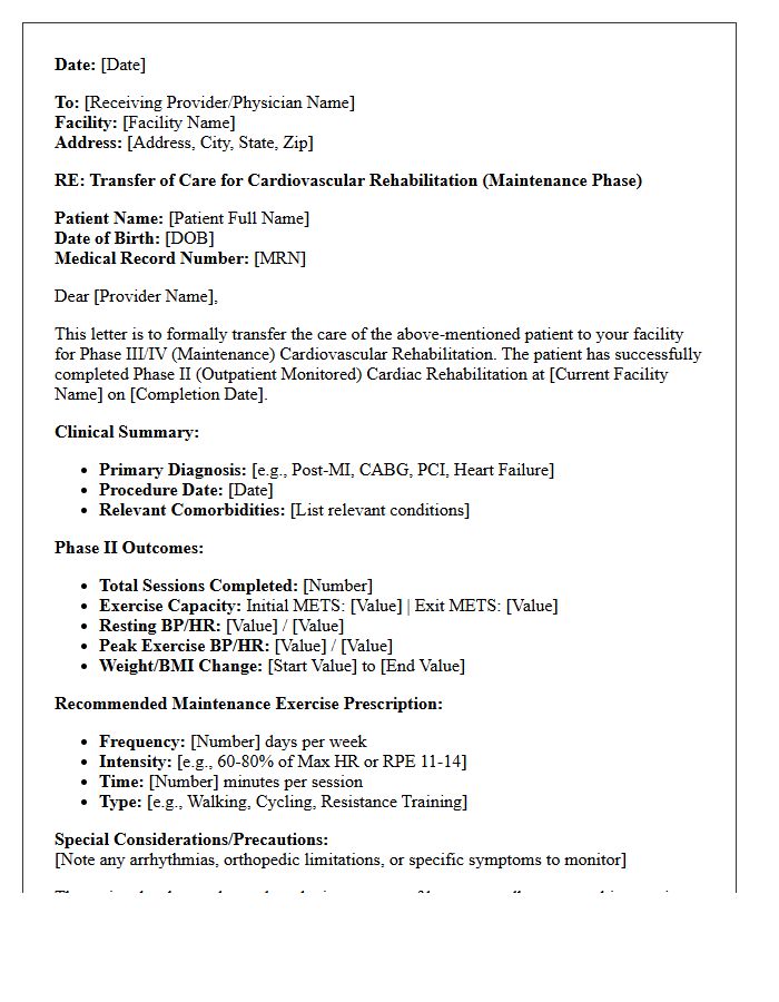 Maintenance Phase Cardiovascular Rehabilitation Transfer of Care Letter
