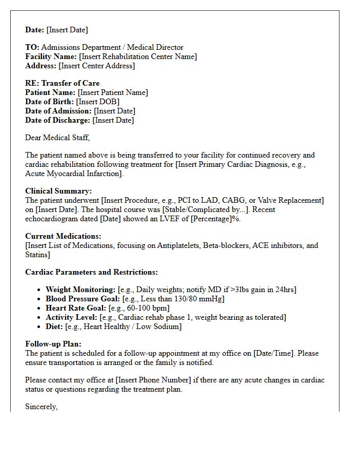 Cardiologist to Rehabilitation Center Transfer of Care Letter