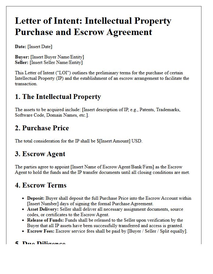 Intellectual Property Purchase Escrow Agreement Letter Of Intent