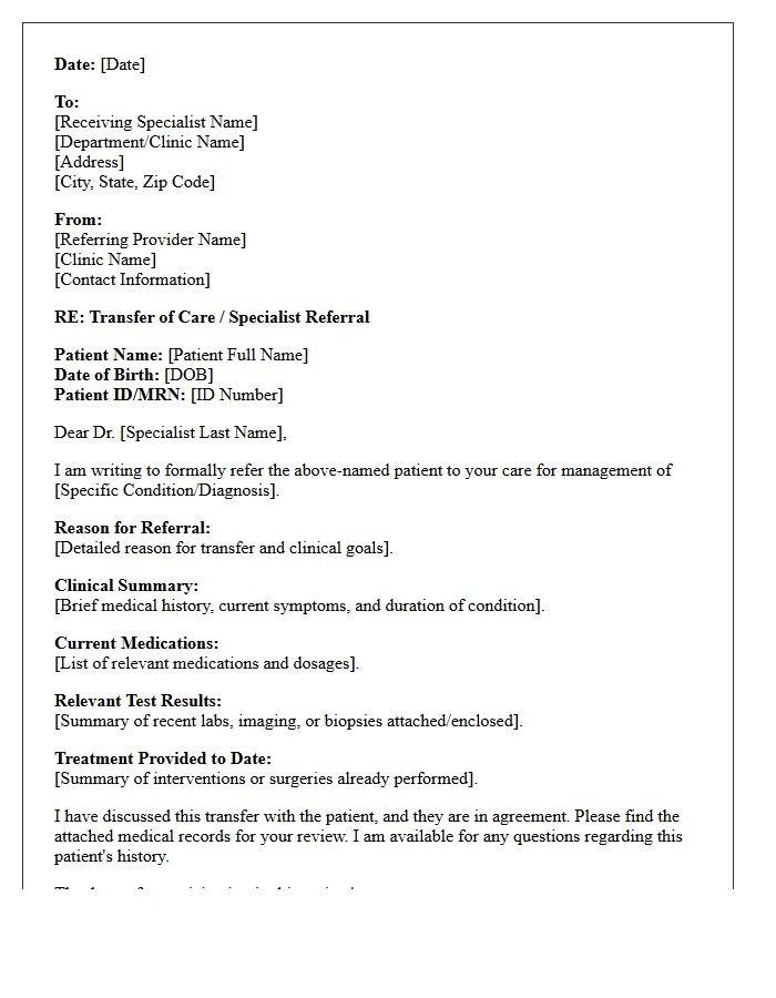 Specialist Referral Transfer of Care Letter