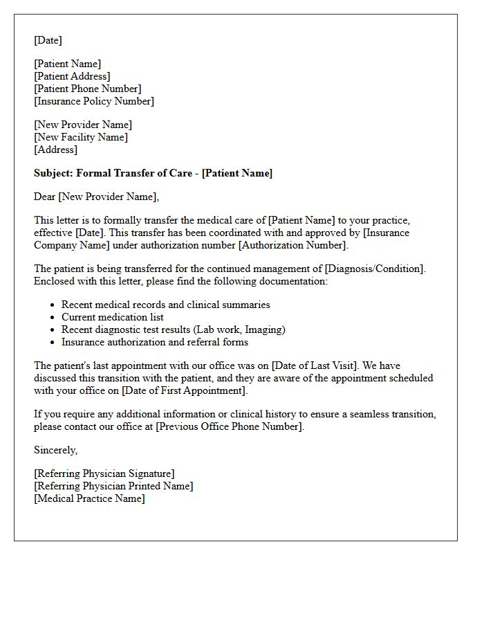 Insurance Approved Transfer of Care Letter