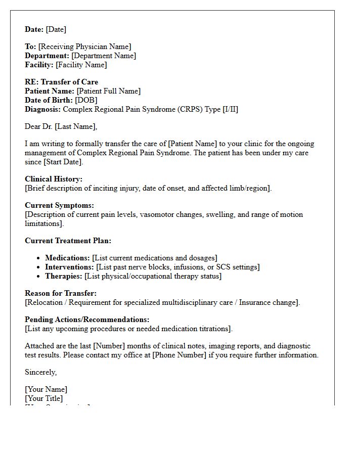 Complex Pain Syndrome Transfer of Care Letter