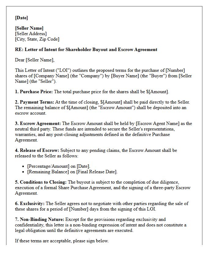 Letter Of Intent For Shareholder Buyout Escrow Agreement