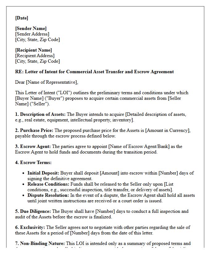 Commercial Asset Transfer Escrow Agreement Letter Of Intent