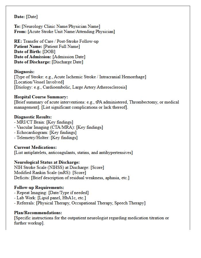 Acute Stroke Unit to Outpatient Neurology Clinic Transfer Letter