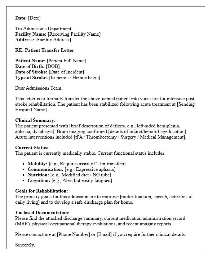 Post-Stroke Rehabilitation Facility Admission Transfer Letter