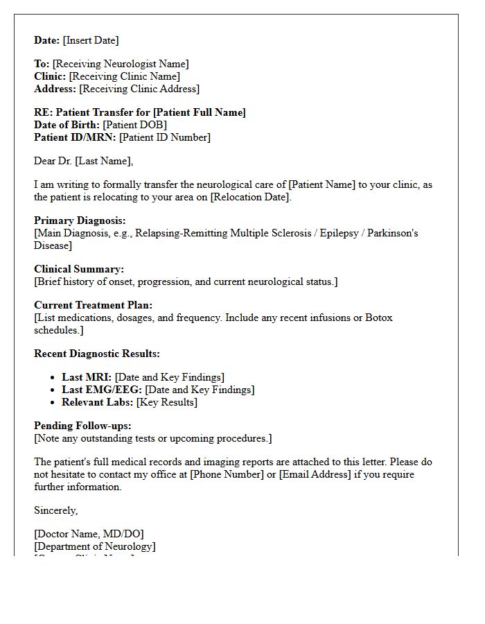Inter-Clinic Neurology Patient Relocation Transfer Letter