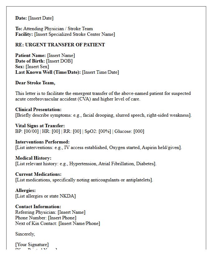 Primary Care to Specialized Stroke Center Transfer Letter