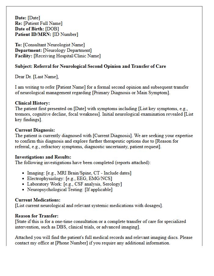 Neurological Second Opinion Referral and Transfer Letter