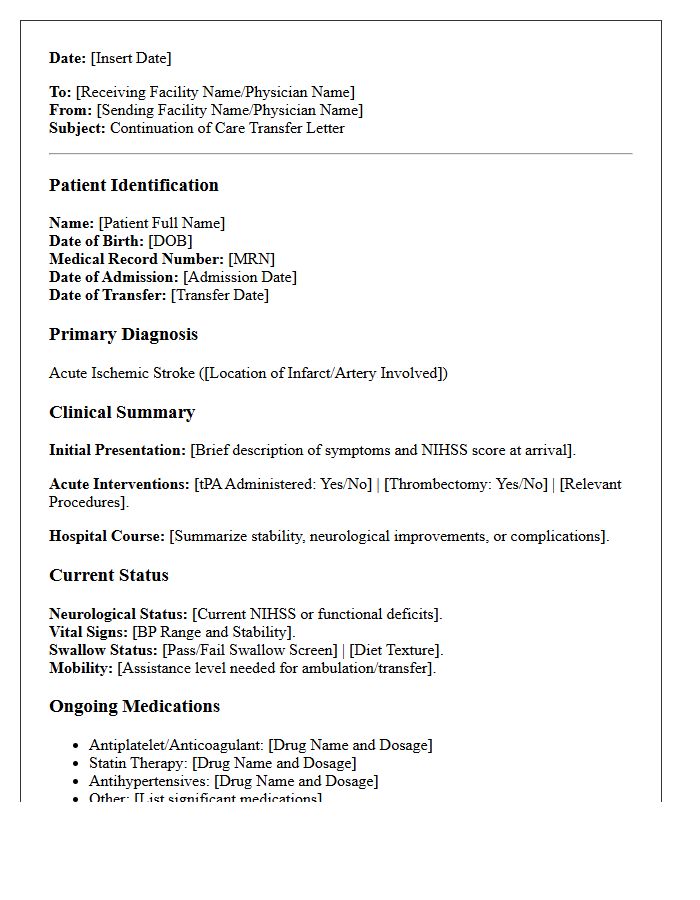 Ischemic Stroke Recovery Continuation of Care Transfer Letter