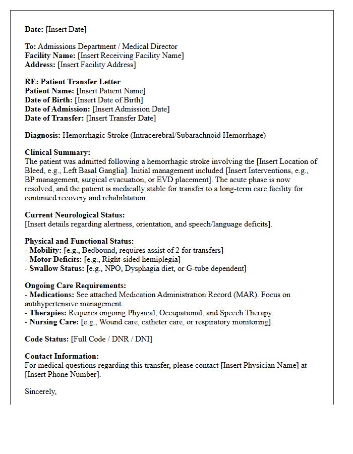 Hemorrhagic Stroke Long-Term Care Facility Transfer Letter