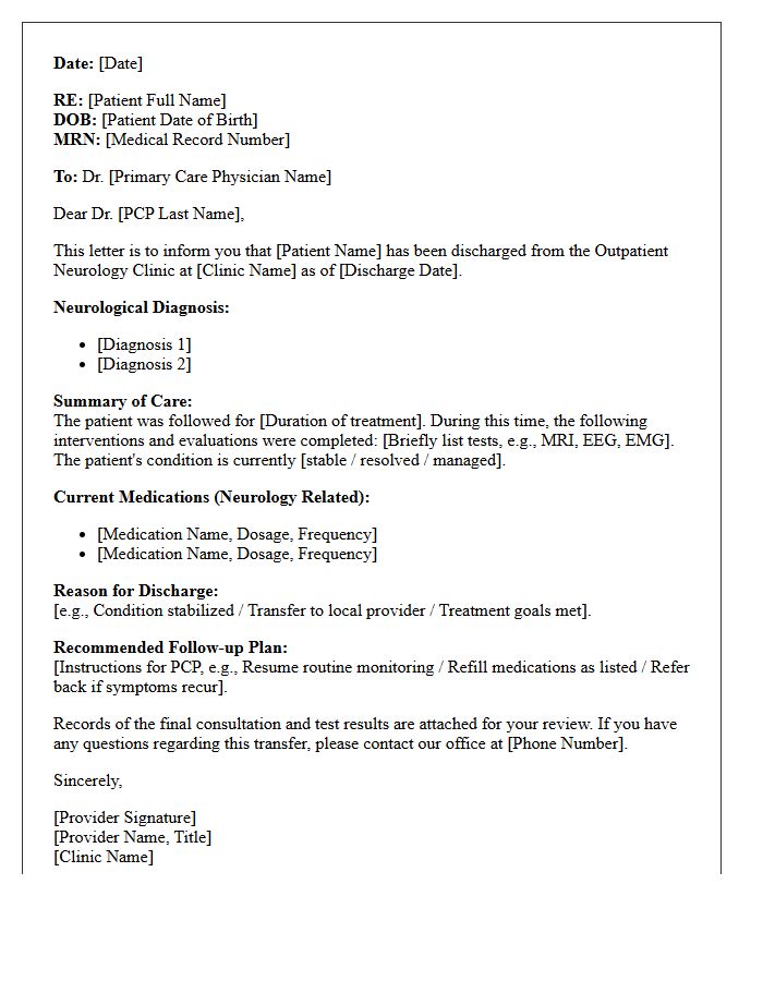 Outpatient Neurology to Primary Physician Discharge Transfer Letter