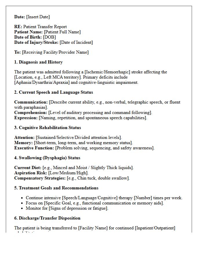 Post-Stroke Speech Therapy and Cognitive Rehabilitation Transfer Letter