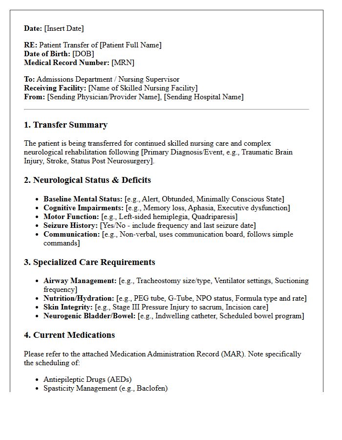 Complex Neurological Care Skilled Nursing Facility Transfer Letter
