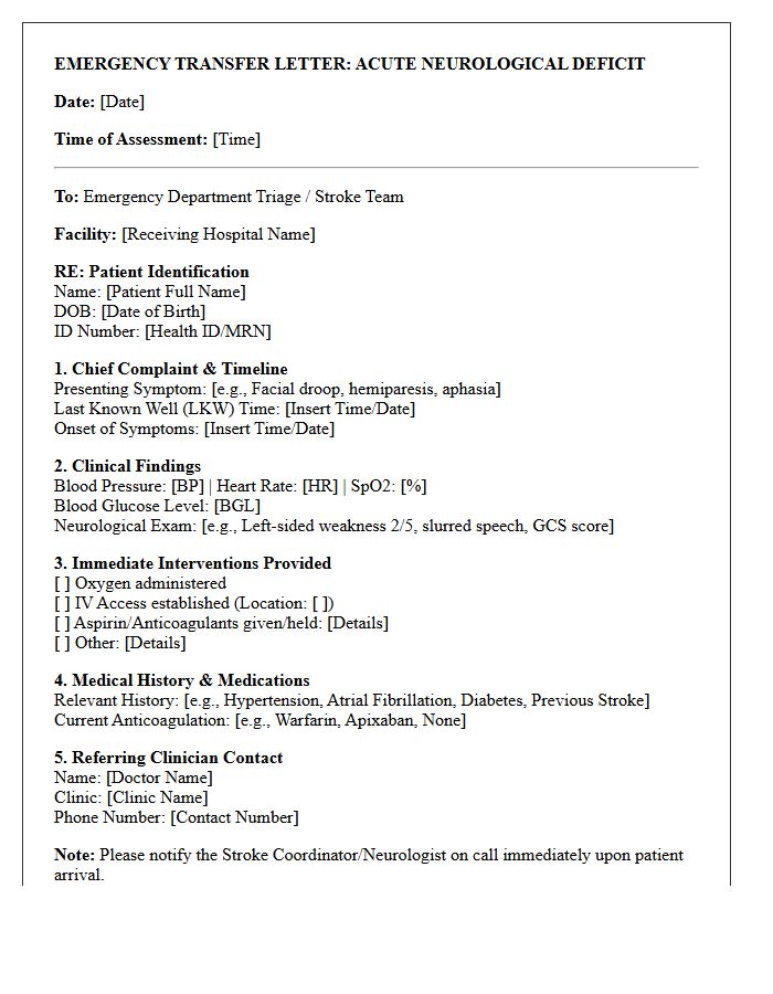 Acute Neurological Deficit Emergency Clinic Transfer Letter