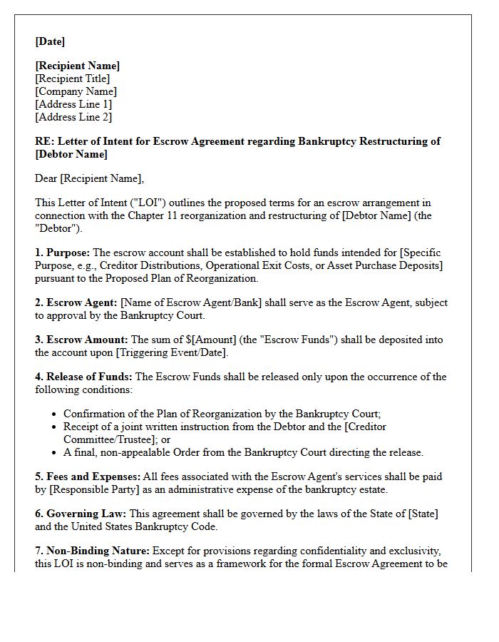Bankruptcy Restructuring Escrow Agreement Letter Of Intent