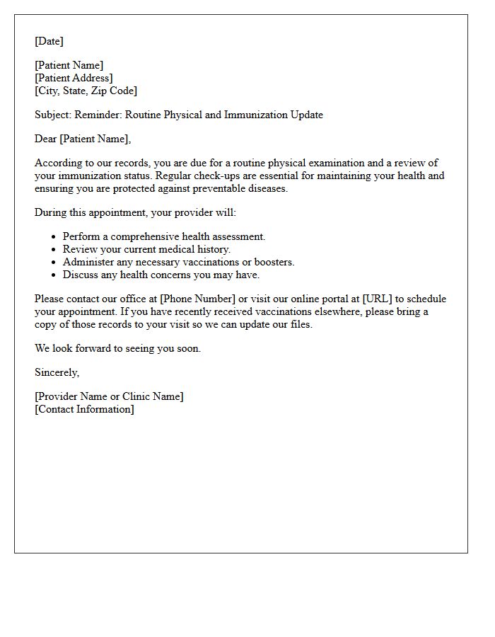 Routine Physical Immunization Update Reminder Letter