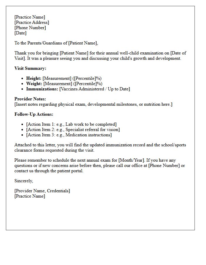 Pediatric Annual Well-Child Examination Follow-Up Letter