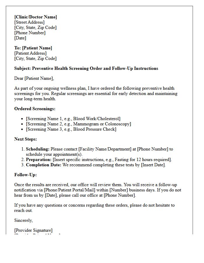 Preventive Health Screening Order and Follow-Up Letter
