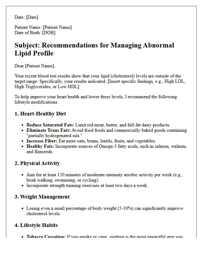 Diet and Lifestyle Modification Letter for Abnormal Lipid Profiles