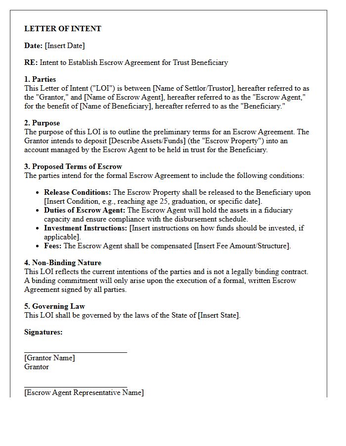Letter Of Intent For Trust Beneficiary Escrow Agreement