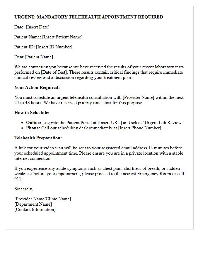 Immediate Telehealth Scheduling Letter for Critical Laboratory Findings
