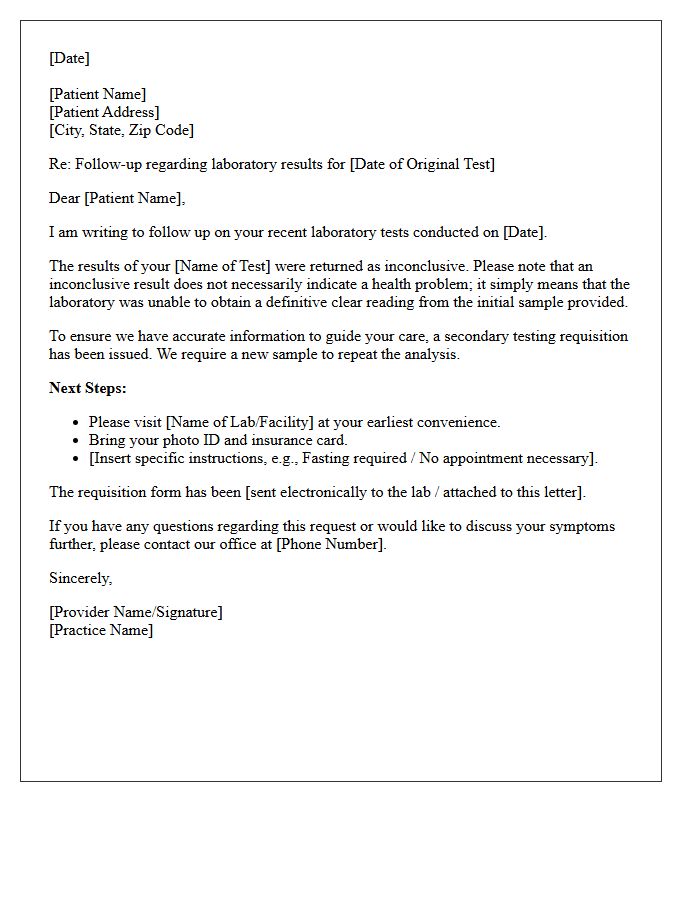 Secondary Testing Requisition Follow-Up Letter for Inconclusive Labs