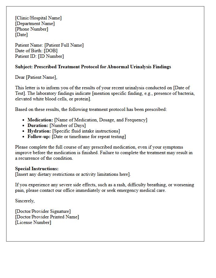 Prescribed Treatment Protocol Letter for Abnormal Urinalysis Findings