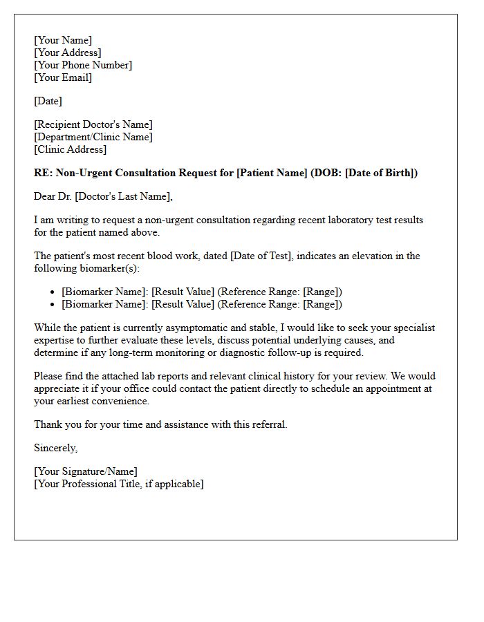 Non-Urgent Consultation Request Letter for Elevated Biomarker Results