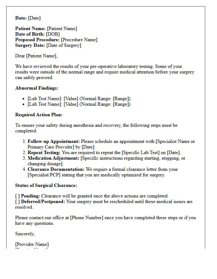 Pre-Surgical Clearance Action Plan Letter for Abnormal Pre-Op Labs