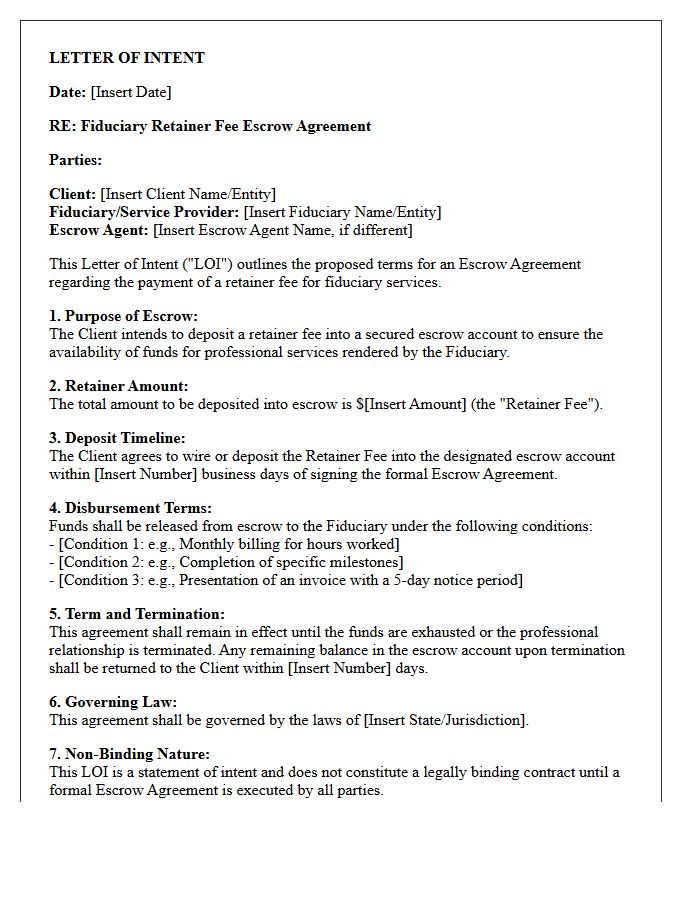 Fiduciary Retainer Fee Escrow Agreement Letter Of Intent