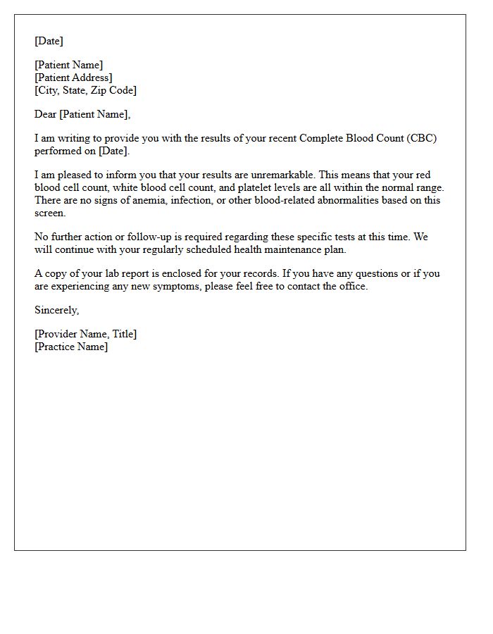 Unremarkable Complete Blood Count Follow-Up Letter