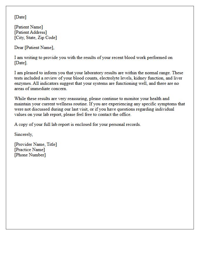 General Health Blood Work Reassurance Letter