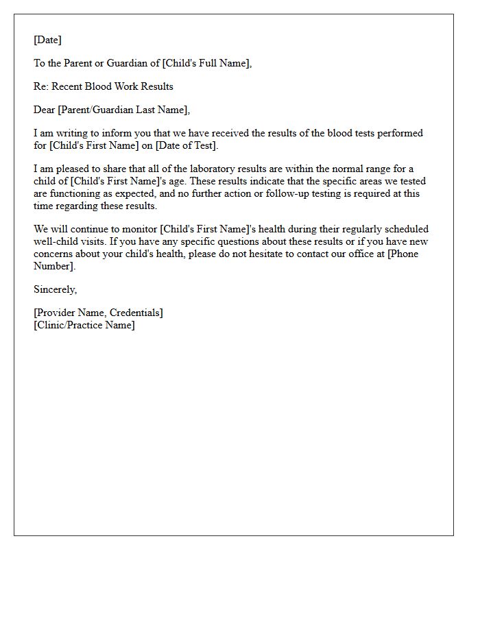 Pediatric Normal Blood Work Follow-Up Letter