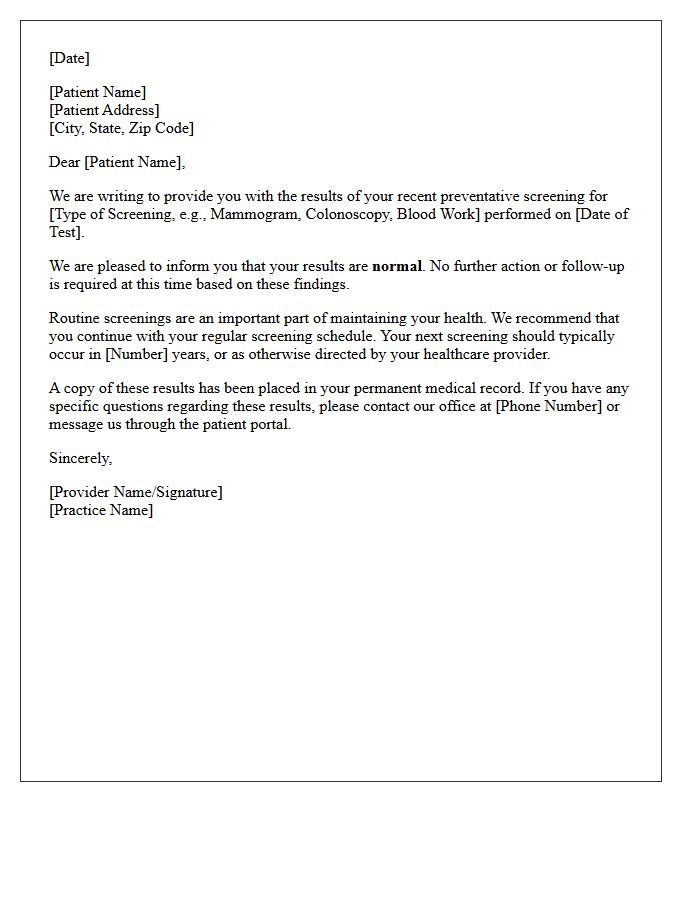 Preventative Screening Normal Results Follow-Up Letter