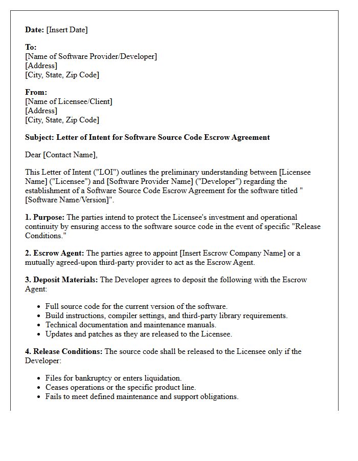 Letter Of Intent For Software Source Code Escrow Agreement