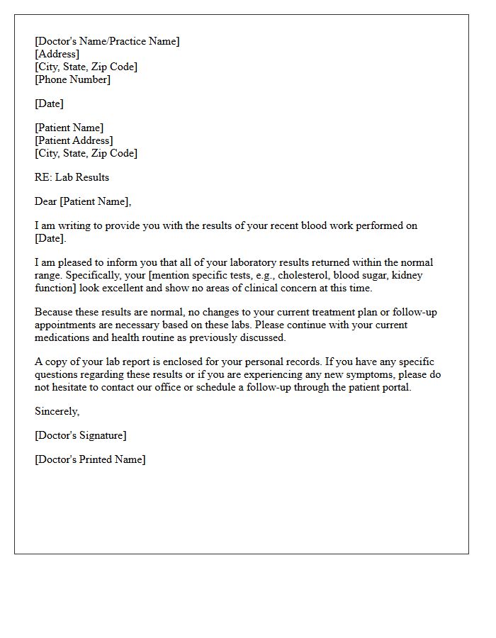 Physician Reassurance Normal Blood Work Letter