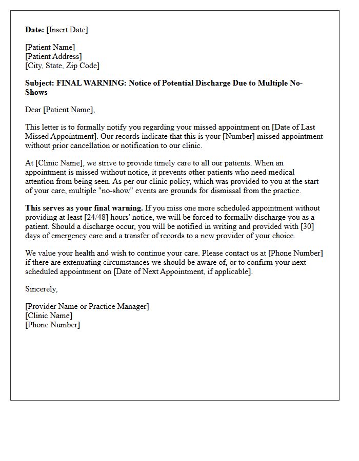 Final Medical Clinic No-Show Discharge Warning Letter