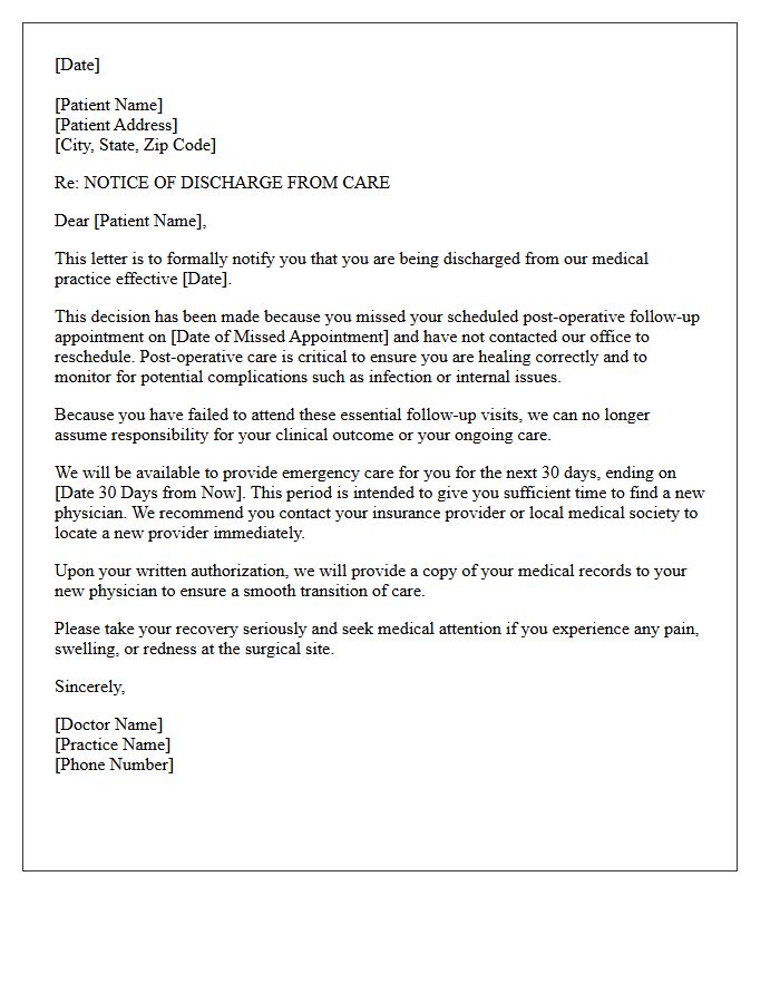 Post-Operative Care Missed Appointment Discharge Letter