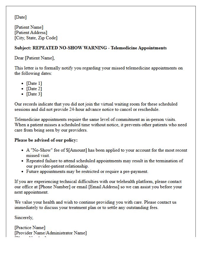 Telemedicine Consultation Repeated No-Show Warning Letter