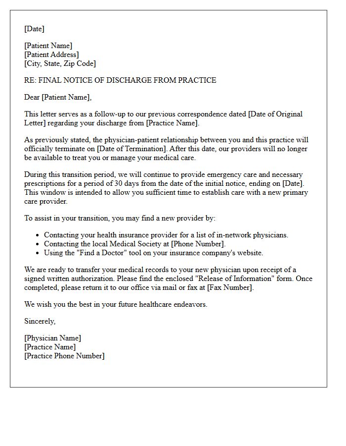 Family Practice Final Discharge Notice Follow-Up Letter