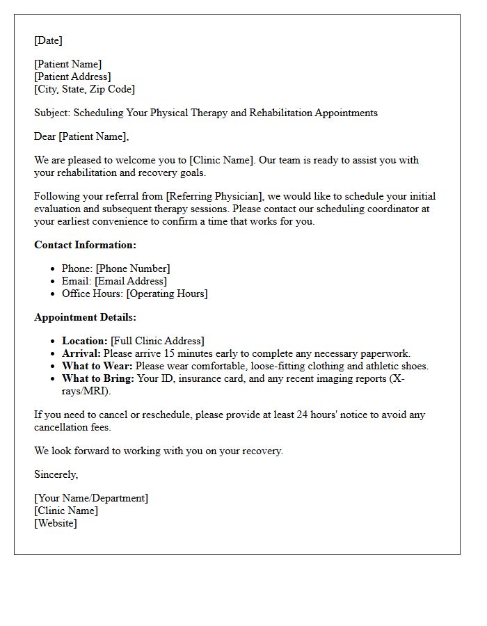 Physical Therapy and Rehabilitation Scheduling Letter
