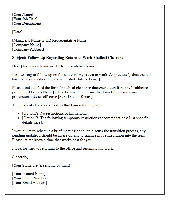 Return to Work Medical Clearance Follow-Up Letter