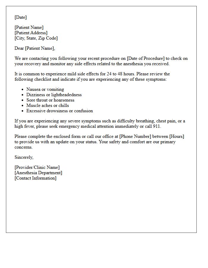 Post-Anesthesia Side Effects Monitoring Follow-Up Letter