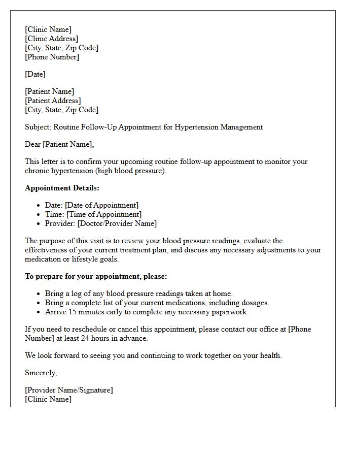 Chronic Hypertension Routine Follow-Up Appointment Letter